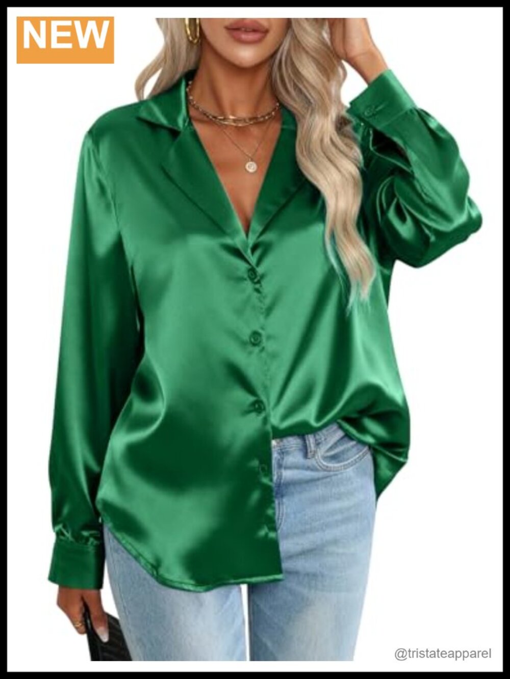 Women's Satin Button Down Shirt Long Sleeve V-Neck Blouse Work Office Elegant